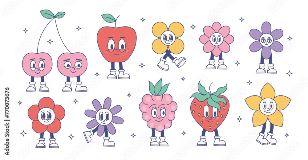 Retro groovy fruit, flower characters set. Vector cartoon funny daisy, apple, strawberry, cherry, raspberry. Trendy modern fruits Retro groovy fruit, flower characters set. Vector cartoon funny daisy, apple, strawberry, cherry, raspberry. Trendy modern fruits
