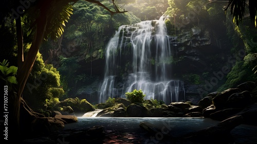 Panorama of a beautiful waterfall in the forest at sunset. Panoramic image.