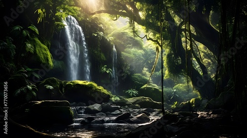 Panoramic view of a beautiful waterfall in the forest at sunset