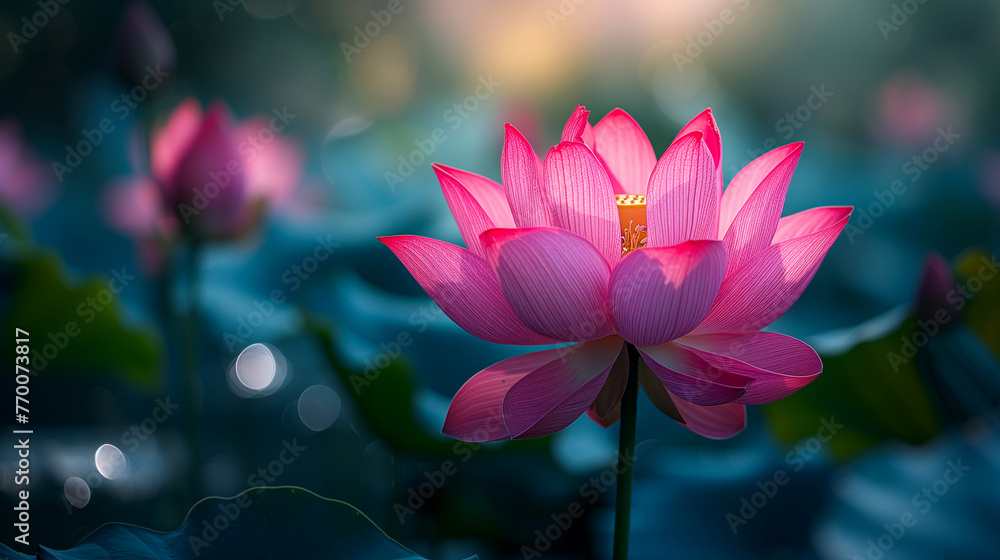 Pink lotus flower blooming in the pond with bokeh background. Pink lotus flower blooming in the pond with bokeh background.