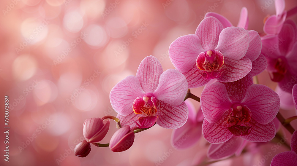 Obraz premium Beautiful pink orchid flowers on bokeh background, close up