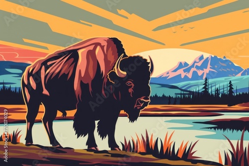A stylized vector illustration of an American bison standing in the style of the river in Yellowstone National Park