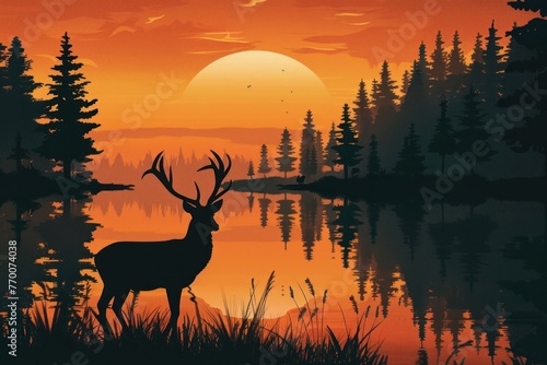A majestic deer with impressive antlers stands in the style of the shimmering waters of an alpine lake