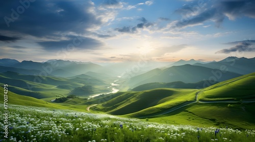 Beautiful panoramic landscape of grassland in the mountains at sunset © Iman