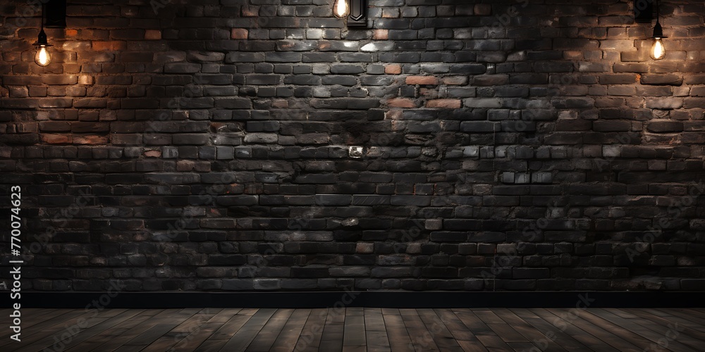 dark brick wall and floor illuminated by spotlights. 3D rendering - obrazy, fototapety, plakaty 