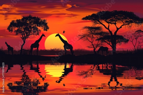 An vector illustration of an African sunset with silhouettes of acacia trees and giraffes © ASDF