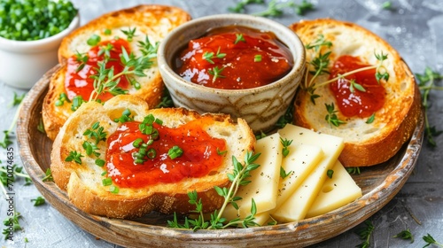  A platter featuring bread, cheese, and ketchup alongside a bowl of condiment