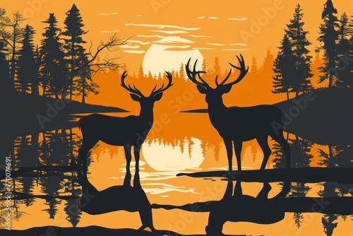 Stylized vector art of two deer standing in the style of the river