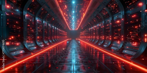 Futuristic data center with advanced servers and computer systems processing vast amounts of data for virtual stock exchanges. Concept Technology, Data Processing, Servers, Stock Exchange, Futuristic