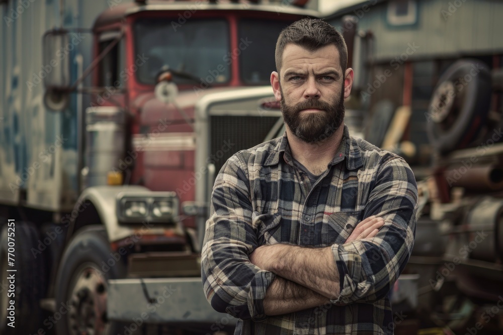 A rugged truck driver with his arms crossed A rugged truck driver with his arms crossed