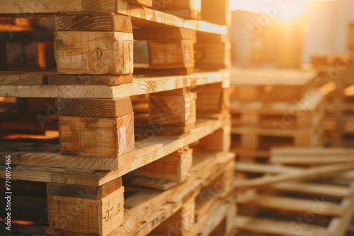 A stack of wooden pallets used for storage and transport in an industrial setting