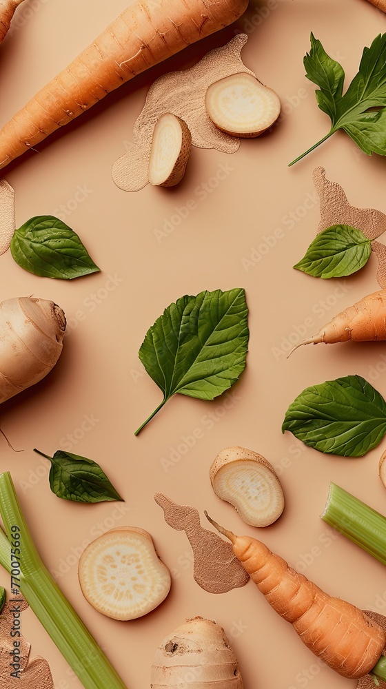 Fruit and vegetables, slippery celery leaf and yuca root flat lay background wide angle shot from above, minimal, illustration made with generative AI - obrazy, fototapety, plakaty 