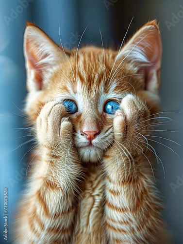 the kitten covers its eyes with its legs © Tetiana