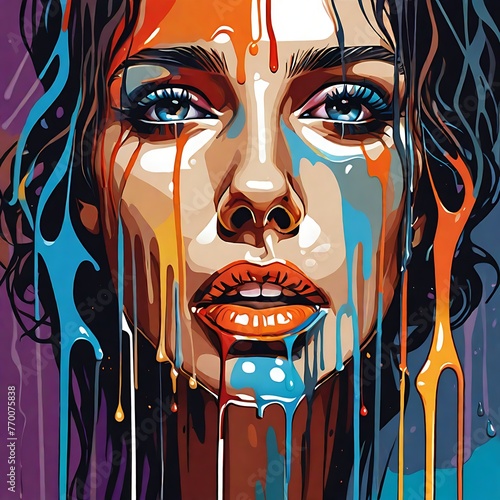 Abstract canvas painting of a woman's face with dripping of colorful paints