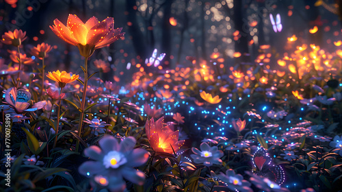 colorful fantasy forest foliage at night  glowing flowers and beautifuly butterflies as magical fairies  bioluminescent fauna as wallpaper background