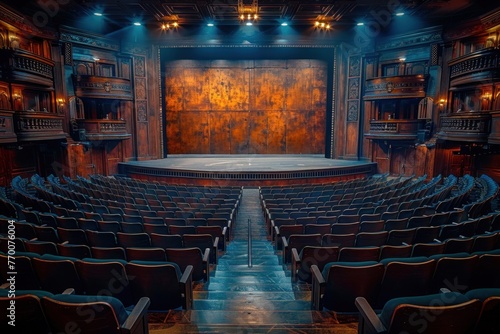 Grand Theater with Red Velvet Seats, Chandelier, and Warmly Lit Stage for Live Performance Magic
