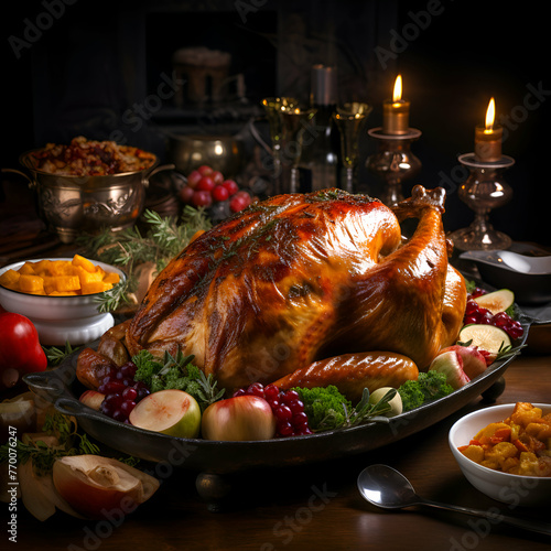 Roast turkey with apples and raisins on a dark background