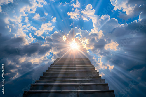 Illustration of a stairway ascending towards heavenly realms with a bright sky  clouds  and sun shining through the stairway. Symbolizing spiritual transcendence and enlightenment. 