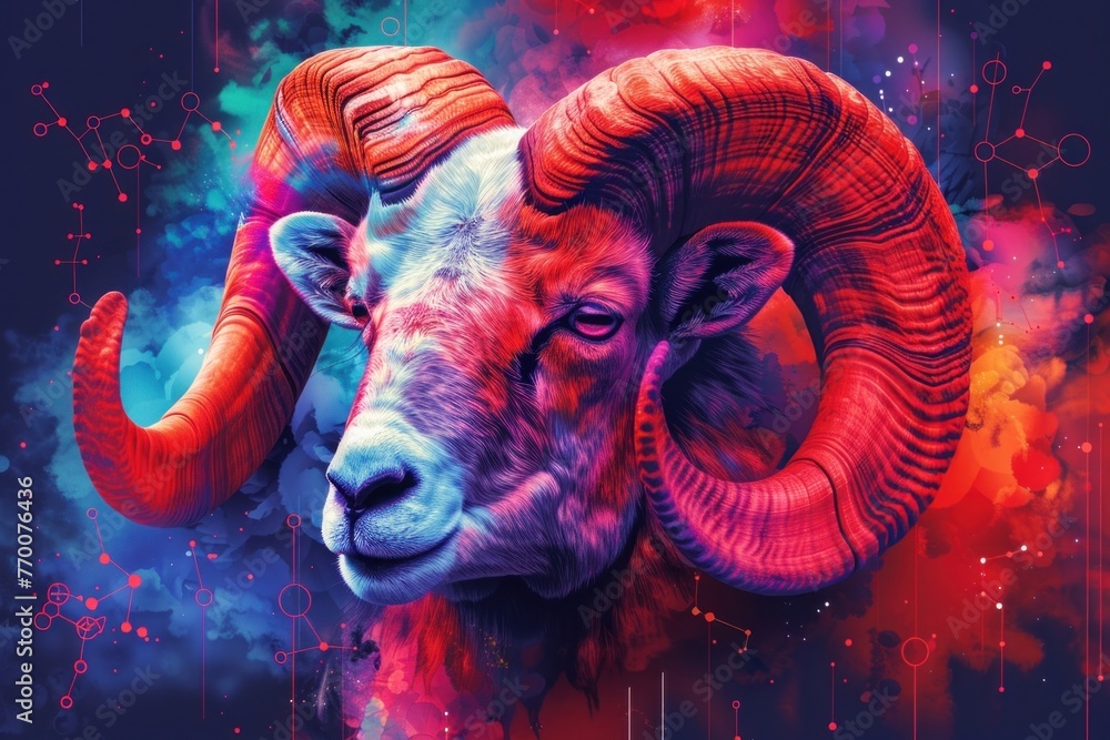 Obraz premium Vibrant ram with intricate horn details and a splash of colorful energy
