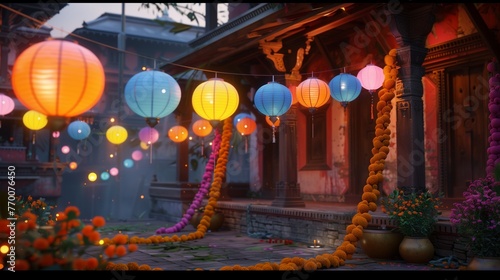 A vibrant scene of a Nepali New Year street festival, with colorful paper lanterns and marigold garlands decorating a traditional Newari architecture courtyard. photo