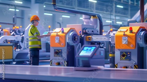 A vibrant, detailed image of an industrial engineer inspecting the automated machinery in a factory, using a tablet to monitor performance and safety protocols.