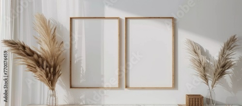Wooden frame mockup set of 2, including large sizes 50x70 and 20x28, as well as A3 and A4 sizes, displayed on a white wall. Features clean, modern,