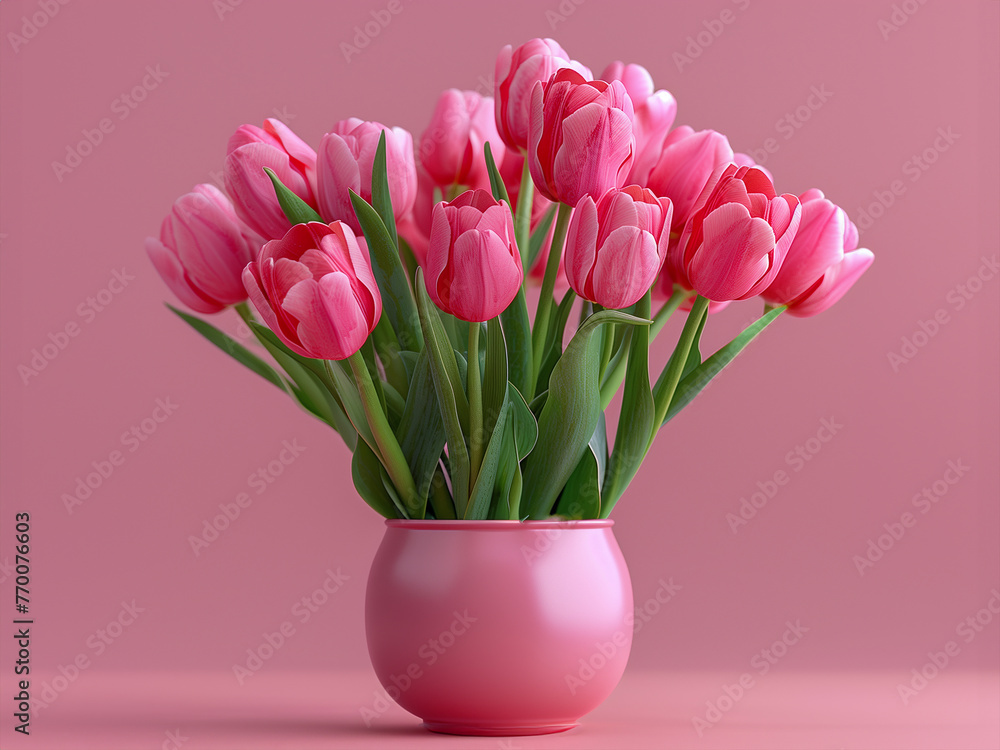 Creative concept for international mother and family day, Happy birthday. Background with tulips. Greeting card. Pink tulips flowers in a pink vase on a pink background