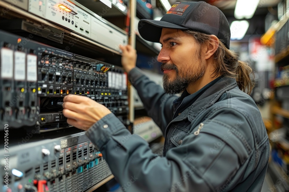 Professional IT Technician Setting Up Network Switch in Data Center Professional IT Technician Setting Up Network Switch in Data Center