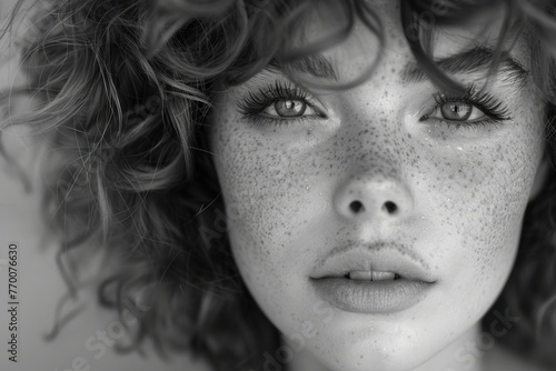Portrait of a young woman with curly hair and freckles on her face