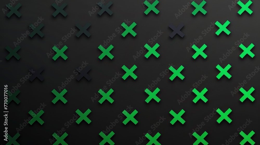 Green and black crosses pattern on a dark backdrop with light play. Repetitive green cross design against a contrasting dark background. Green and black crosses pattern on a dark backdrop with light play. Repetitive green cross design against a contrasting dark background.