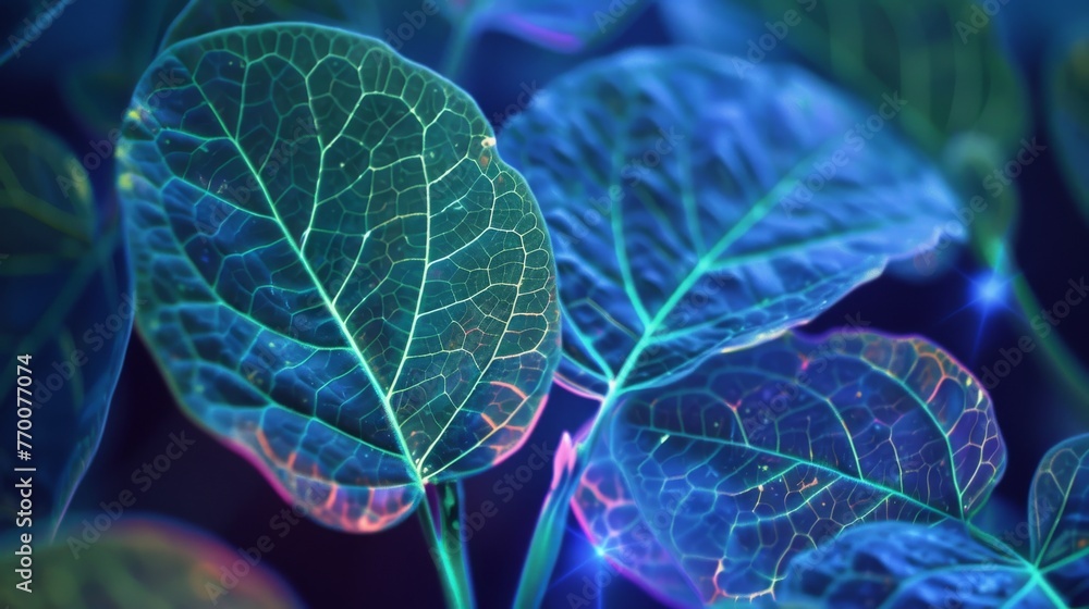 Vivid details of leaf veins with neon light effect in blue tones. Illuminated neon blue leaf venation patterns. Neon blue glowing intricate leaf structures. - obrazy, fototapety, plakaty 