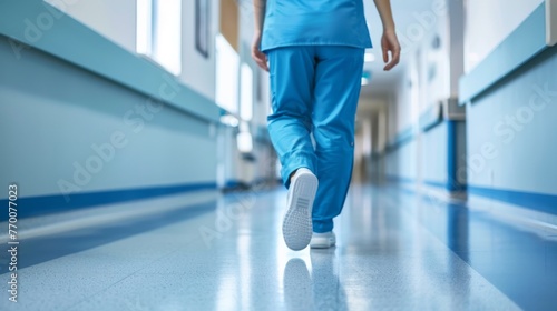 Healthcare professional walking in hospital corridor in blue scrubs. Blue scrubs in focus in sterile hospital environment. Professionalism in healthcare, focused view on blue medical uniform.