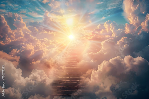 Illustration of a stairway ascending towards heavenly realms with a bright sky, clouds, and sun shining through the stairway. Symbolizing spiritual transcendence and enlightenment.  © jex