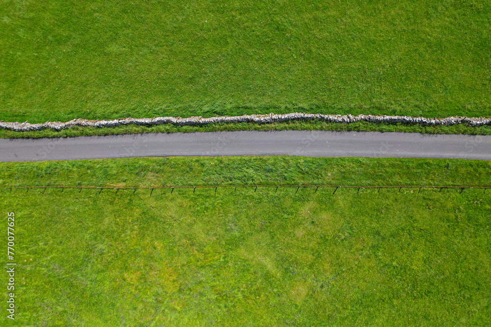 AERIAL TOP DOWN: Single track country road leading past vivid green meadows - obrazy, fototapety, plakaty 