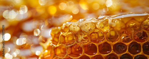 Close-up of glistening honeycomb. Natural food and beekeeping concept. Organic farming and healthy food concept. Banner with copy space for food blogs, and natural sweetener advertising.