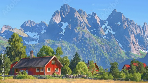  A mountainous landscape features a red house in the foreground and a backdrop of peaks