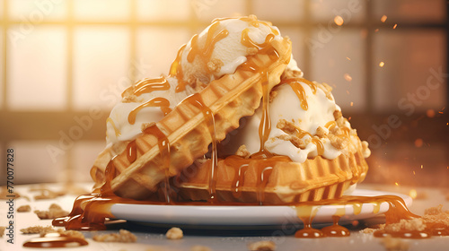 Delicious waffles with caramel sauce and ice cream on light background