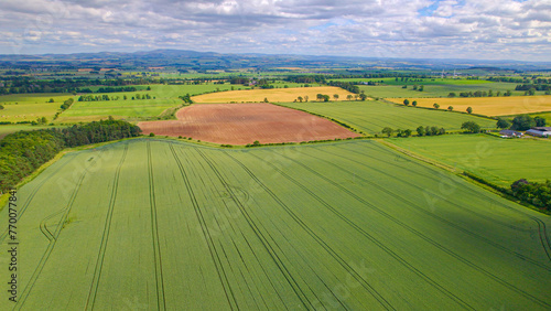 AERIAL  Beautifully landscaped and colourful farm fields in Scottish Lowlands