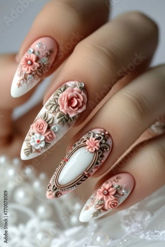 Nail art mastery  a captivating showcase of 3d three-dimensional elegance  featuring beautiful design adorning nails  blending creativity  style  intricate craftsmanship for a chic and trendy look.