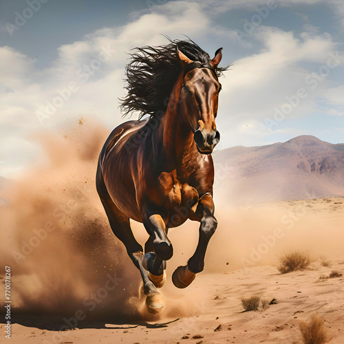 Horse galloping in sand dunes in the desert. 3d rendering