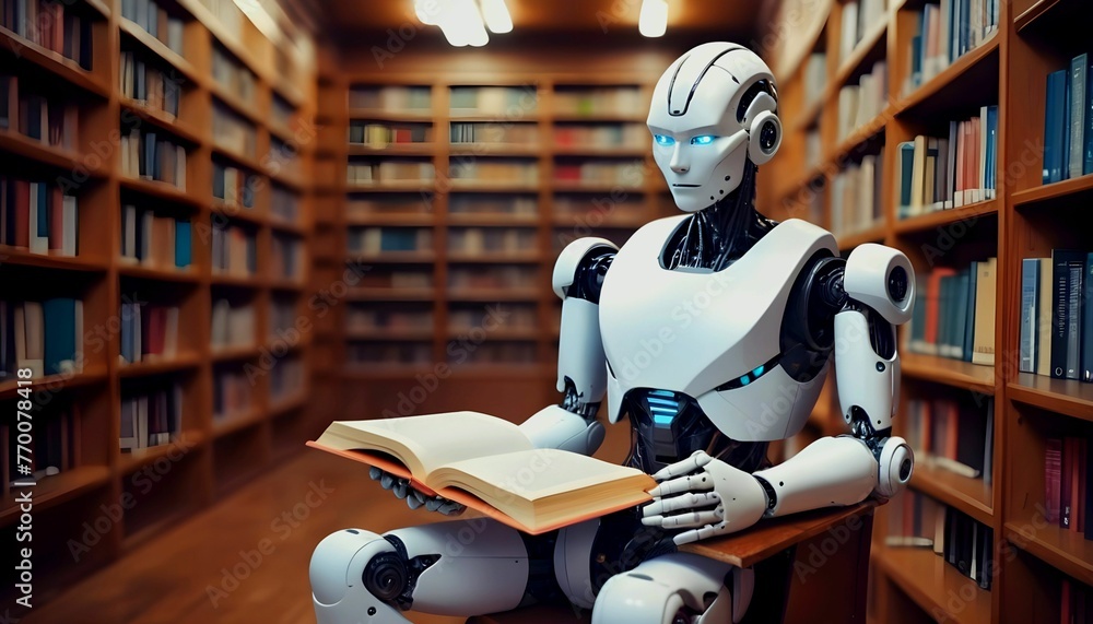 Future technological development knowledge background - Human robot sits in the library and read books on world book day created with generative ai - obrazy, fototapety, plakaty 