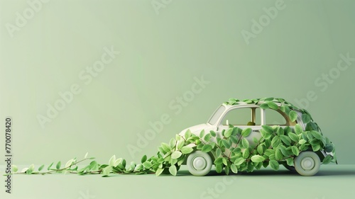 3D rendering of a green eco car concept made up of green leaves on green background. ESG environment concept with electric cars. photo