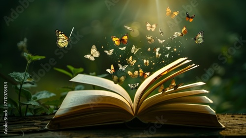 An open book with butterflies coming out of it ideal for fantasy and literature backgrounds.