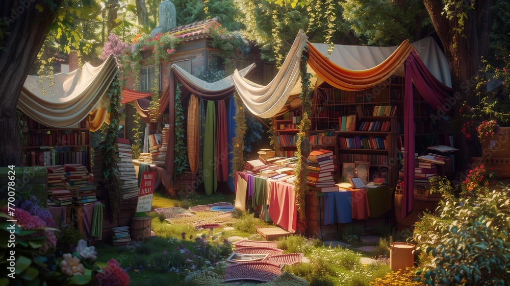 A whimsical outdoor scene of a book fair in a lush garden, with stalls draped in colorful fabrics displaying a variety of books.