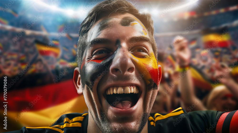 A cheerful fan of the national team with a cheering crowd in the background.