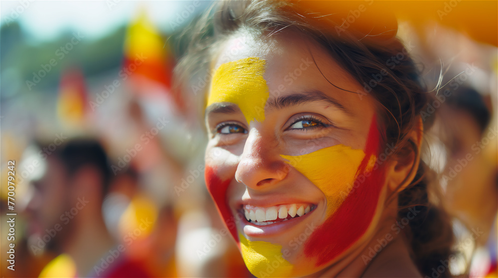 A cheerful fan of the national team with a cheering crowd in the background.