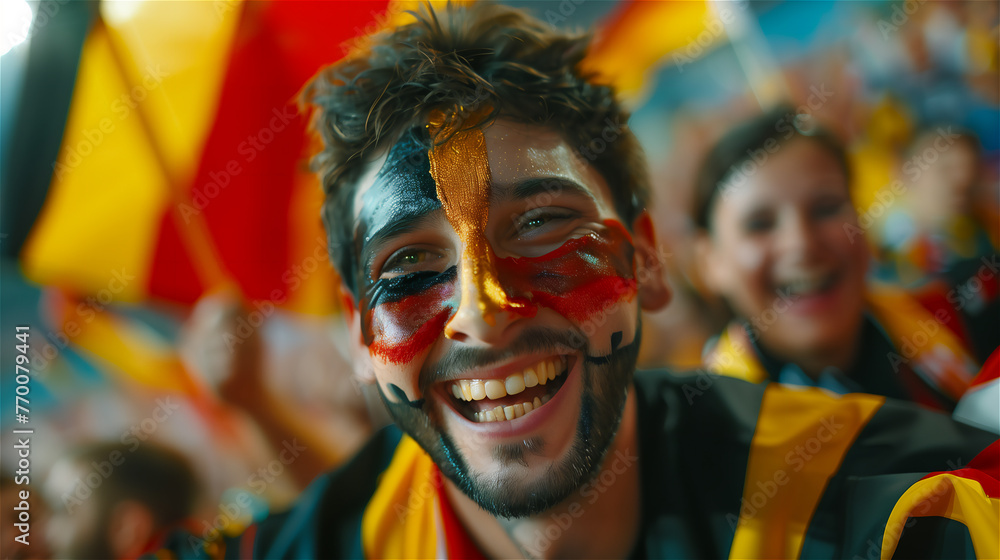 A cheerful fan of the national team with a cheering crowd in the background.