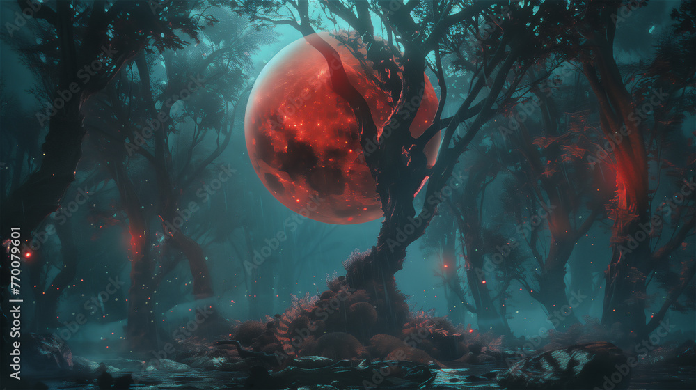 The Big red moon in wetland forest.