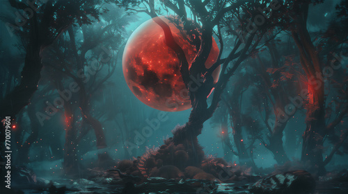 Obraz na płótnie The Big red moon in wetland forest. w salonie