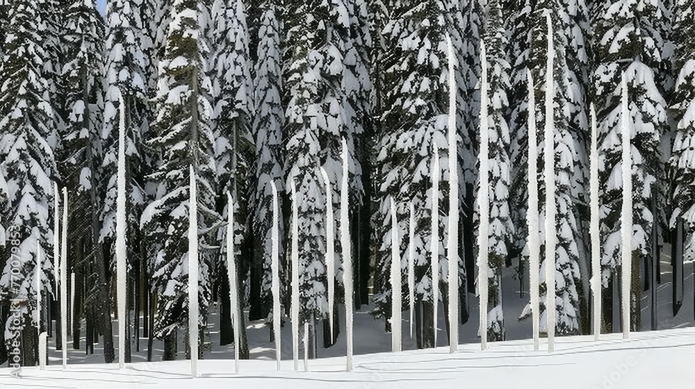 A cluster of conifers coated in white nestled near an expansive stand of tall, slender snow-clad trees A cluster of conifers coated in white nestled near an expansive stand of tall, slender snow-clad trees
